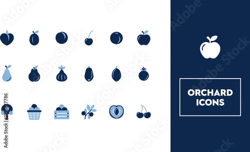 Set of Minimalist Fruit and Orchard Icons Featuring Apples Pears and Cherries in Flat Blue Design