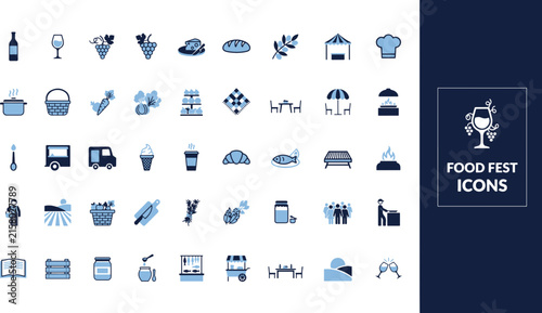 Vector icon set for food festivals and culinary events, depicting produce, dishes, beverages, market stalls, and dining. Ideal for modern graphic design projects and digital applications