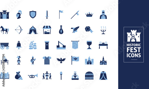 Historic medieval fest icons set featuring knight, castle, sword, shield, and ancient symbols