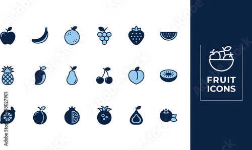 Collection of minimal blue fruit icons featuring various healthy organic food symbols for menu and web design
