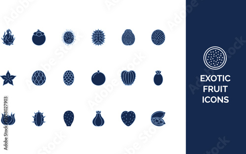 A curated collection of stylized exotic fruit icons, perfect for web design, healthy eating concepts, and vibrant digital illustrations representing diverse tropical produce