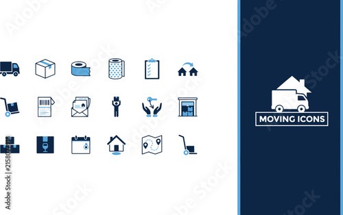 Set of moving house and relocation line icons for transport, delivery, packaging, and home shifting services