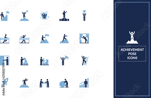 Set of professional business achievement and success icons depicting leadership, goal attainment, and career growth metaphors