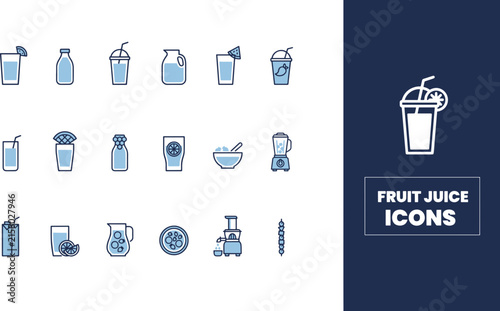 Collection of Blue Fruit Juice and Smoothie Icons Illustrating Refreshing Drinks and Beverage Preparation