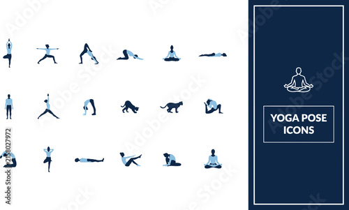 Set of Yoga Pose Icons Featuring Various Asana Postures for Fitness, Health, and Meditation Exercises