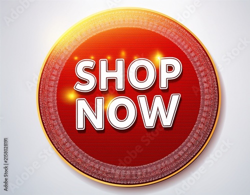 shop now round sticker badge with special offer text retail advertising symbol designed as paper label banner and adhesive tag for promotions discounts ecommerce marketing campaigns and product