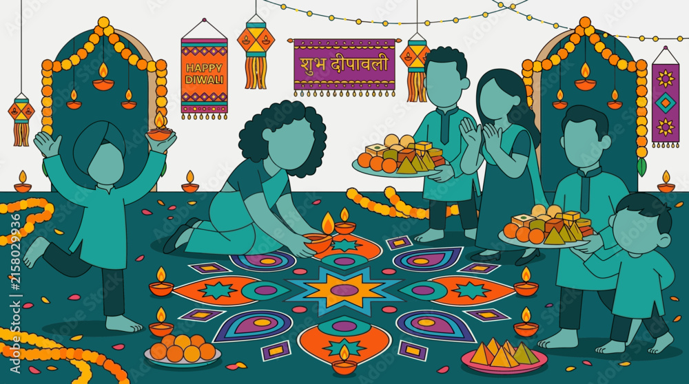 Naklejka premium A large family celebrates Diwali indoors with sparklers, sweets, and rangoli-making, surrounded by festive decorations and string lights.