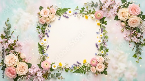 Beautiful spring floral frame with delicate roses and wildflowers, perfect for invitations, cards, or greeting messages
