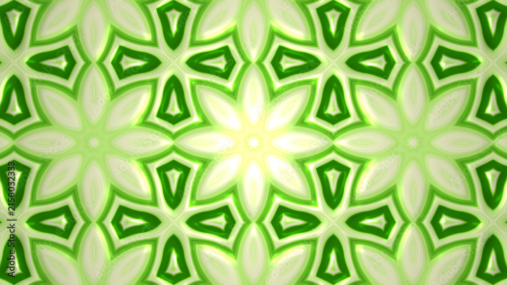 Fototapeta premium Green floral geometric seamless pattern with star flower motif. Glowing lime crystal liquid tile texture backdrop. Elegant optic kaleidoscope ornament wallpaper design.