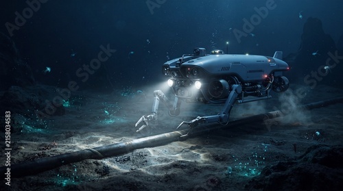 Underwater ROV inspecting a deep-sea communication cable on the ocean floor with headlights