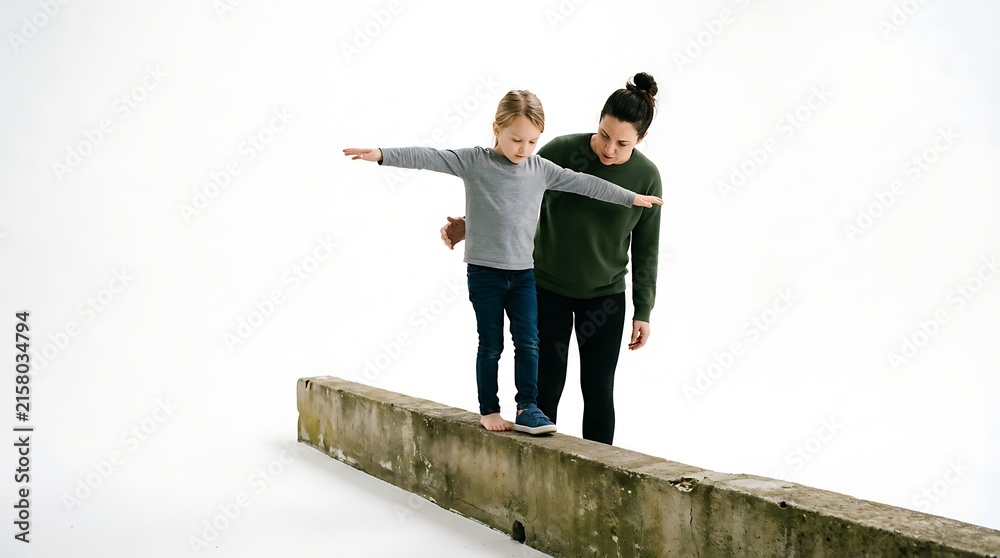 Fototapeta premium Caring mother supporting young daughter balancing carefully along narrow concrete ledge against bright white background with practices walking balancing