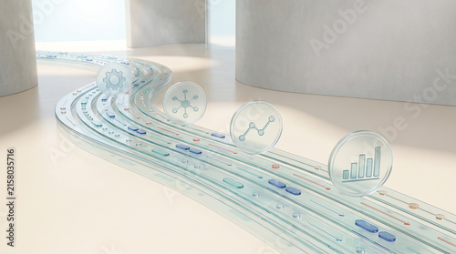Data analytics workflow strategy showing transparent layered path with corporate icons representing progressive business intelligence