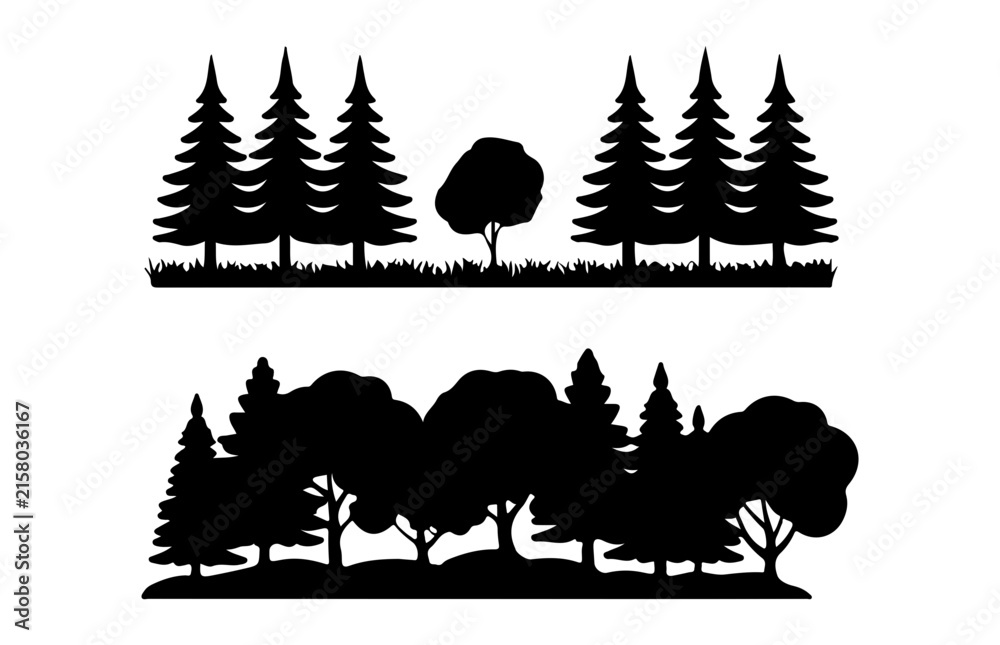 Fototapeta premium Black silhouettes of various trees and bushes illustration for forest landscapes and park scenery.