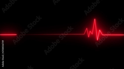 Glowing red neon heart pulsating with electrocardiogram line on dark grid background medical cardiology health 4K HD video..