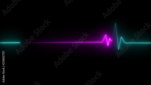 Glowing red neon heart pulsating with electrocardiogram line on dark grid background medical cardiology health 4K HD video..