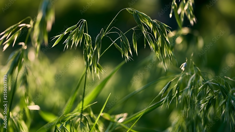 Naklejka premium Sunlight filters through delicate green oat stalks swaying gently in a natural field setting