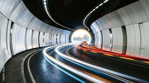 Long exposure light trails inside a modern concrete road tunnel isolated on white background