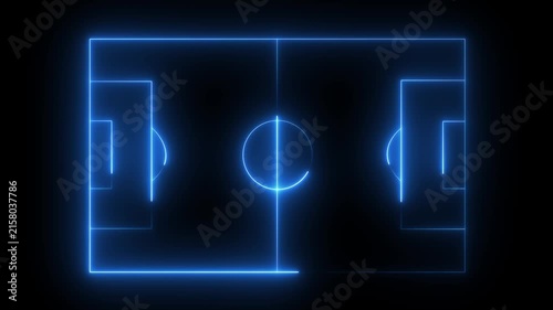 High-angle aerial top view of a pristine green soccer field neon animation . Professional football pitch with white markings, goal posts, and textured grass stripes. Perfect for sports.