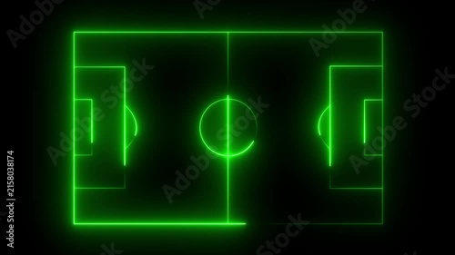 High-angle aerial top view of a pristine green soccer field neon animation . Professional football pitch with white markings, goal posts, and textured grass stripes. Perfect for sports.