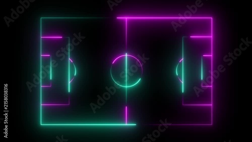 High-angle aerial top view of a pristine green soccer field neon animation . Professional football pitch with white markings, goal posts, and textured grass stripes. Perfect for sports.
