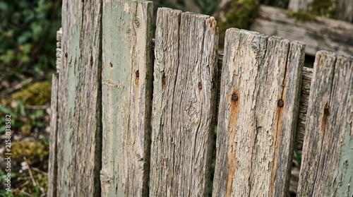 Weathered wooden fence planks, old wood texture, rustic garden border, aged timber boards, natural decay, cracked surface, mossy background