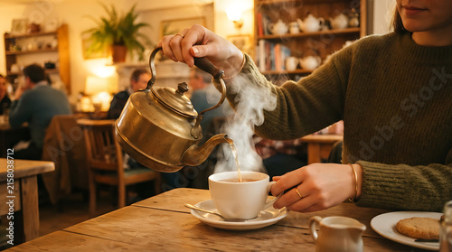 Barista pouring steamed milk into coffee cup at cozy café