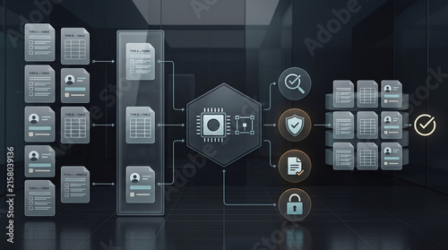 Automated data processing workflow diagram featuring digital document management security and cloud database storage architecture