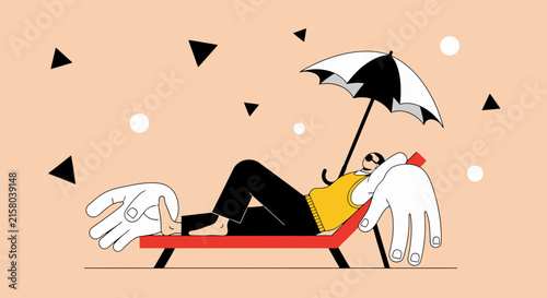 Person resting on lounge chair under umbrella in minimalist flat style