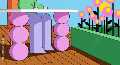 Person sitting at a table with rounded pink legs near a flower garden
