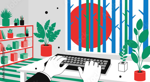 Person typing on a keyboard in a bright room with indoor plants