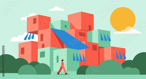 Person walking through a colorful geometric urban neighborhood landscape