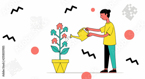 Person watering a potted plant that grows small houses as leaves