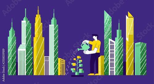 Person watering a small plant in front of a modern city skyline