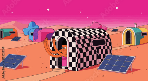 Person waving from a checkered modular house in a vibrant desert landscape