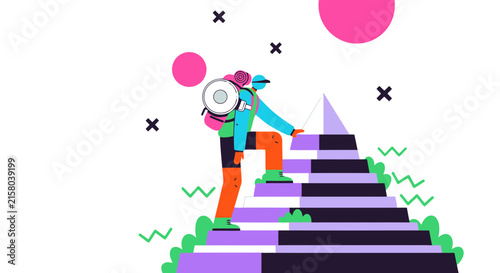 Person with backpack climbing stairs towards a goal in flat art style