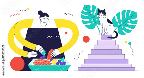 Woman preparing fresh salmon meal with pet cat sitting on stairs
