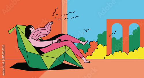 Woman relaxing in a geometric chair with an outdoor landscape view