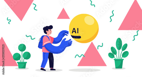 Young man interacting with a glowing yellow sphere featuring abstract technology text in modern digital concept art