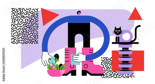 Abstract character gardening with a domestic cat in a minimalist style
