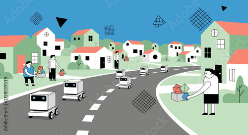 Autonomous delivery robots moving through a modern suburban neighborhood