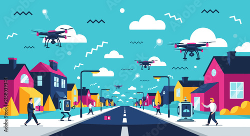 Autonomous delivery drones flying over a futuristic neighborhood street