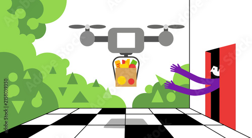 Autonomous drone delivering a package to a customer at a doorway