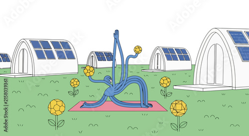 Blue flexible creature practicing yoga near futuristic solar houses