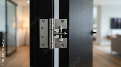 Modern metal door with two locks and black handle in a hallway