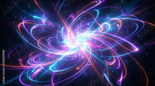 Colorful cosmic swirls with vibrant light rays and bright energy explosion in space