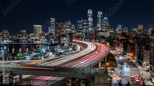 Cityscape night view with illuminated highways and skyscrapers