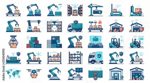 Comprehensive collection of smart warehouse and automated logistics icons in a grid layout