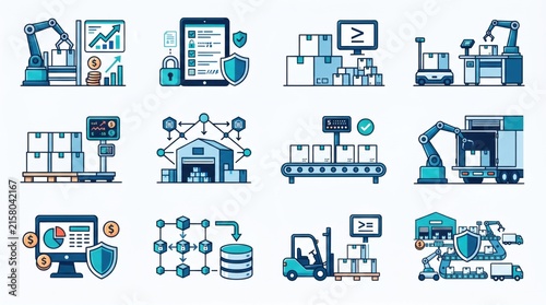 Vector set of logistics, warehouse, supply chain, and automated manufacturing icons