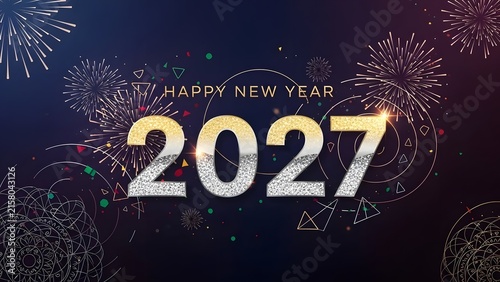 Happy New Year 2027 greeting card design with golden glitter numbers and fireworks background