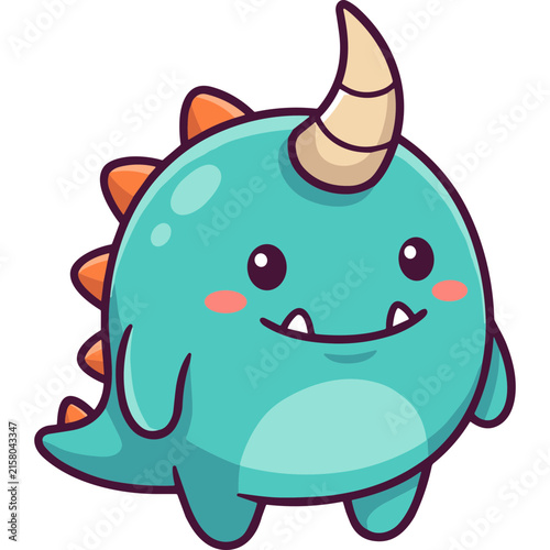 Adorable Cute Blue Cartoon Monster with a Single Horn and Orange Spikes, Kawaii Fantasy Creature Character Illustration